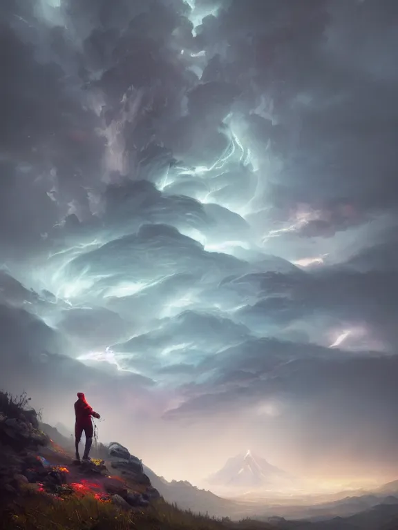 Image similar to photo of 8k ultra realistic lone man on hill surrounded by swirling clouds and lighting, dark, menacing, full of colour, cinematic lighting, battered, trending on artstation, 4k, hyperrealistic, focused, extreme details,unreal engine 5, cinematic, masterpiece, art by Peter Mohrbacher