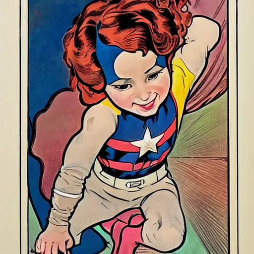 Image similar to a little girl with a mischievous face and light brown curly wavy hair. she is dressed as captain america, spider - man, batman, captain marvel, a superhero. well composed, clean elegant painting, beautiful detailed face. by steve ditko and jack kirby and alphonse mucha