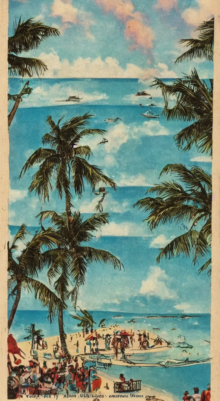 Prompt: a 1920s vacation pamphlet about a Caribbean beach,