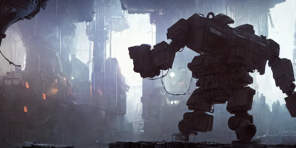 Prompt: a film still from ready player one by ian mcque, an anti - crime unit with a military mech descends upon an alley on an industrial planet city, vibrant, 5 0 mm lens, video game character and environment design, behance hd, studio, urban patrol, evening, dramatic lighting, misty and raining, cinematic, global illumination, trending on artstation, bloom