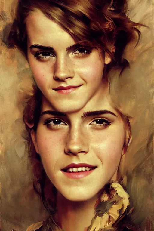 Image similar to emma watson smiling detailed portrait painting by gaston bussiere craig mullins j. c. leyendecker photograph by richard avedon peter lindbergh