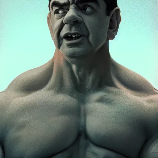 Image similar to upper body portrait of a hulking bulky swole steroids musclebound huge bodybuilder muscular herculean chiseled mr bean rowan atkinson, cinematic lighting, photorealistic, octane render, 8 k, depth of field, 3 d, art by artgerm and greg rutkowski and alphonse mucha and uang guangjian and gil elvgren and sachin ten