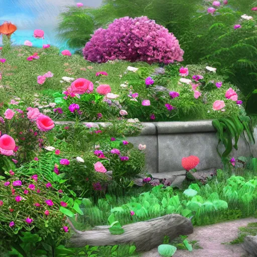 Prompt: a beautiful bunglow with garden filled with roses in the sea, realistic, artstation, 8k, high definition