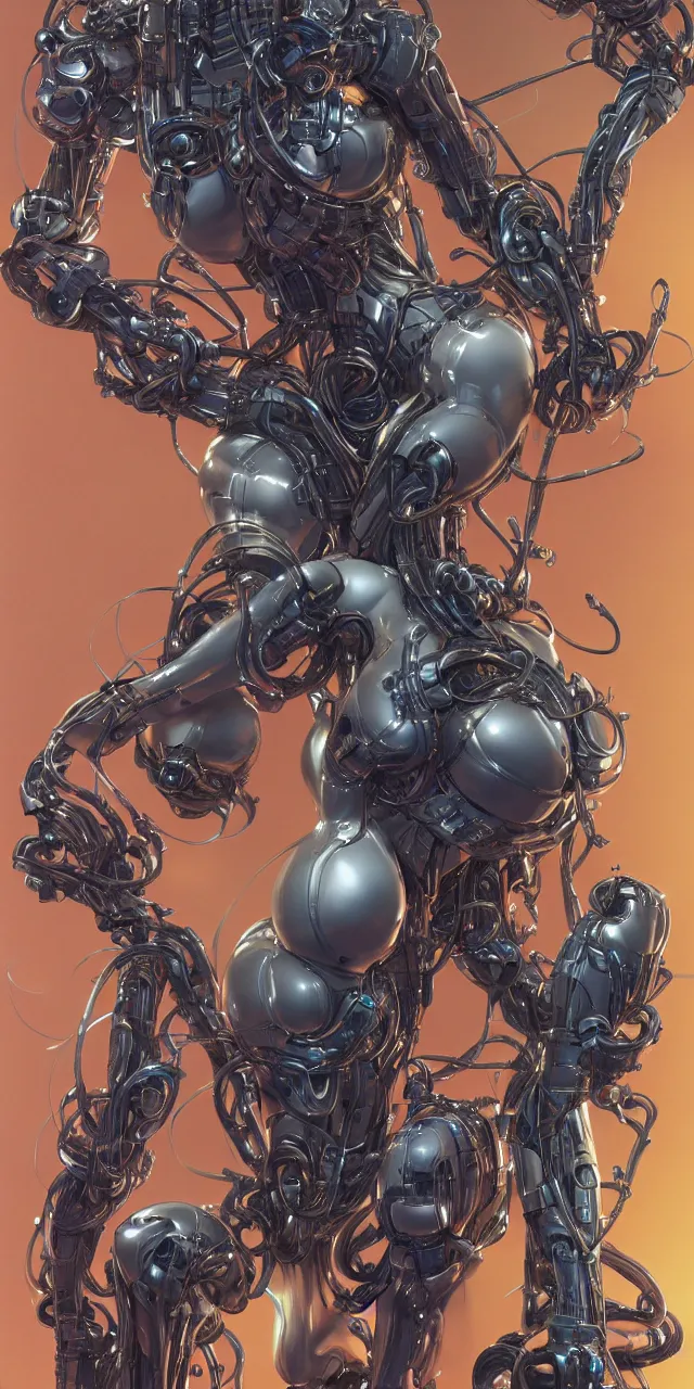 Image similar to beauty cthulhu woman, robotic arms, samurai, lots of cables and wiring, electrical details, trending on artstation, by Hajime Sorayama and Boris Vallejo