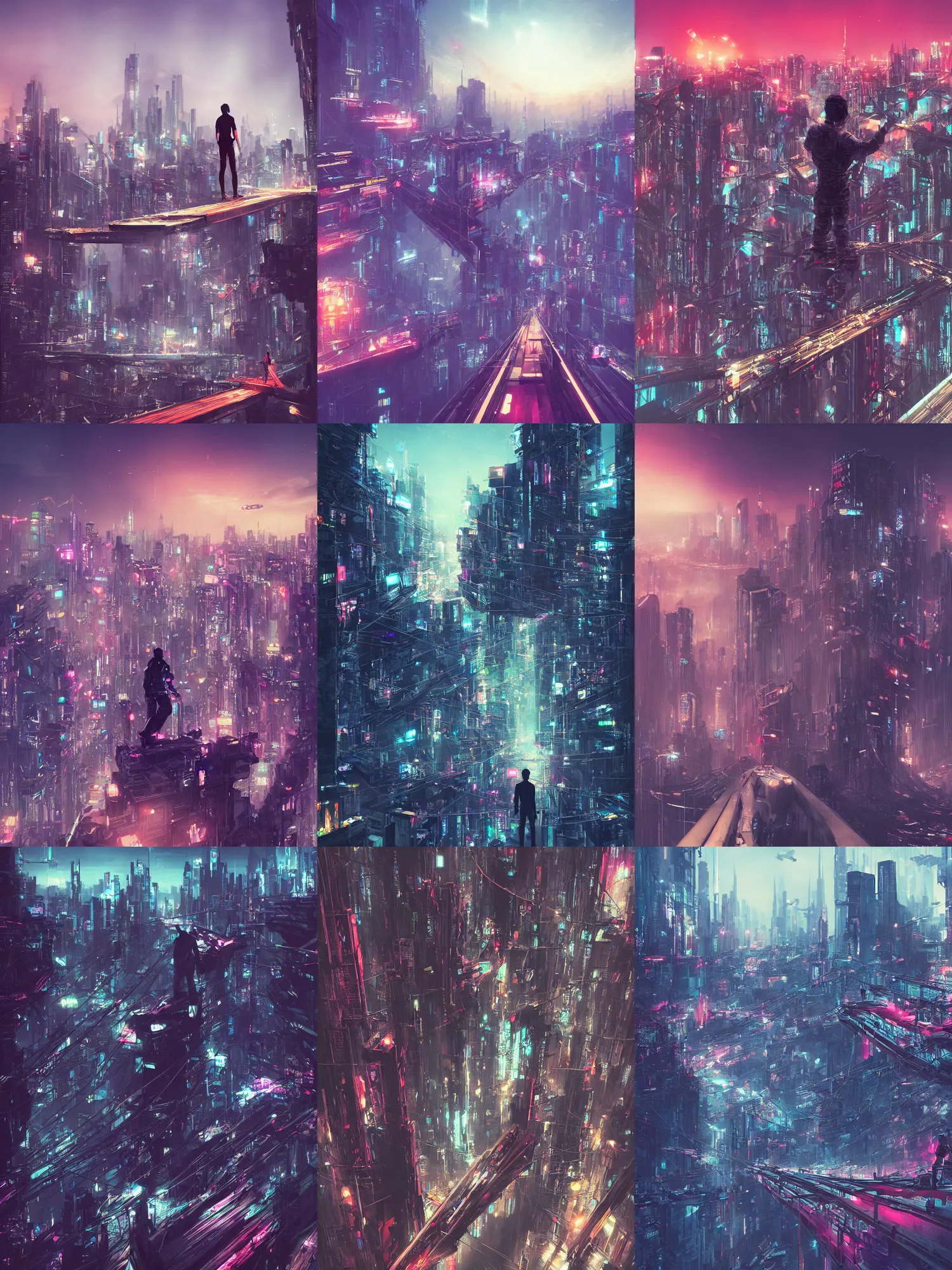 Image similar to a man standing on top of a bridge over a city, cyberpunk art by vincent lefevre, behance contest winner, altermodern, cityscape, synthwave, matte painting