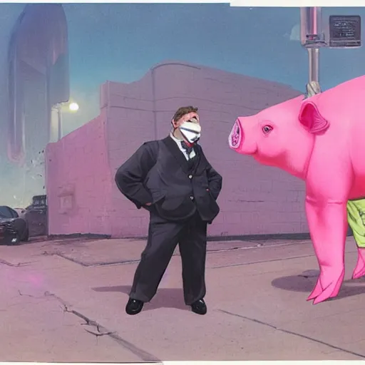 Image similar to man wearing a pink suit and a pink pig mask standing outside a night club, chris foss, john harris, beeple, wayne barlowe