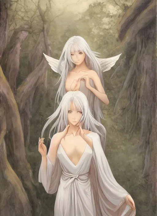 Image similar to thin angel with silver hair so pale and wan!, wearing robes, covered in robes, anime goddess manga, flowing hair, pale skin, young cute face, covered!!, clothed! oil on canvas, style of lucien levy - dhurmer and jean deville, 4 k resolution, aesthetic!, mystery