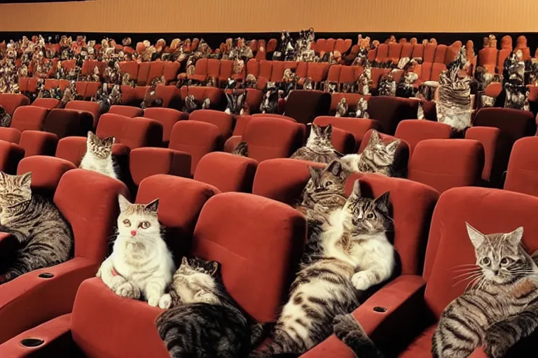 Image similar to full view of a movie theater full of cats sitting watching a movie