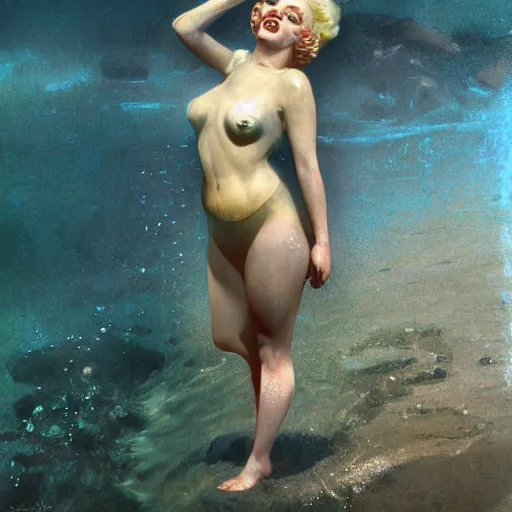 Image similar to a photograph of a clone of marilyn monroe submerged and rusted in the water, cinematic, volumetric lighting, f 8 aperture, cinematic eastman 5 3 8 4 film, photorealistic by greg rutkowski, by stanley artgerm, by alphonse mucha