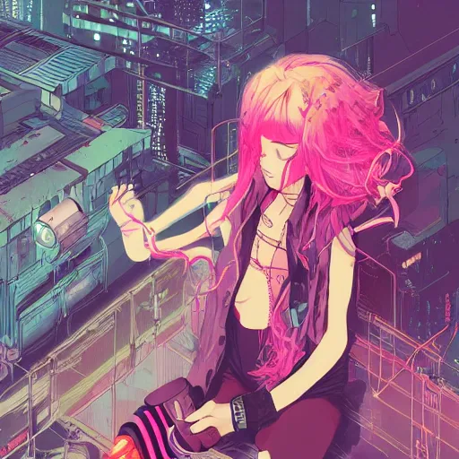 Image similar to zoom - out, a grungy cyberpunk anime, very cute, by super ss, cyberpunk fashion, curly pink hair, night sky by wlop, james jean, victo ngai, highly detailed