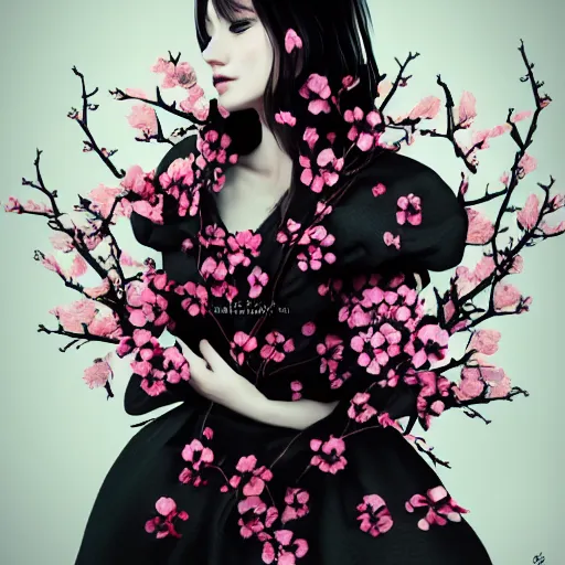 Image similar to beautiful girl in a dress made of black roses and cherry blossoms, beautiful portrait, symmetrical, character concept style trending on artstation concept art detailed octane render cinematic photo - realistic 8 k high detailed