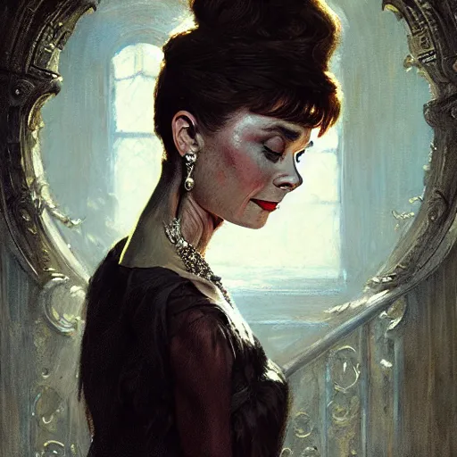 Prompt: audrey hepburn in a horror novel, inside haunted mansion, various backgrounds, highly detailed, digital painting, artstation, matte, illustration, art by gaston bussiere, greg rutkowski, j. c. leyendecker