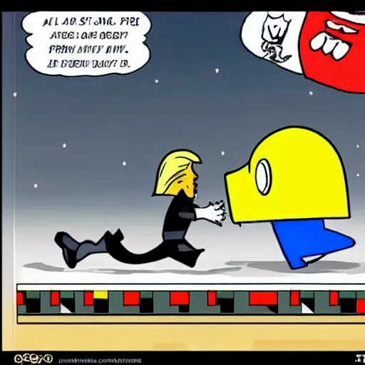 Prompt: pacman chasing donald trump, funny cartoon