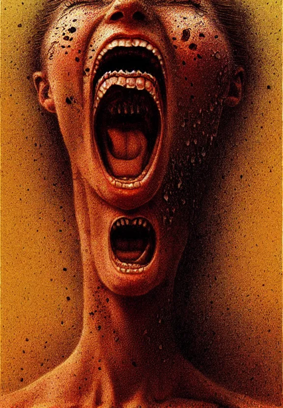 Prompt: ultra realist intricate detailed portrait of a single rugged attractive female screaming, insanity, full body, accurate features, apocalyptic, very intricate details, 8 k resolution, dim lighting, dramatic lighting, artstyle zdzisław beksinski, award winning
