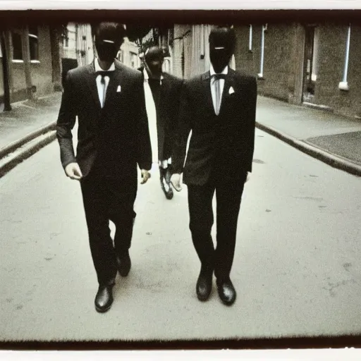 Image similar to wide-shot low angle of empty formal suits walking down the Night Vale street, polaroid photo, by Andy Warhol