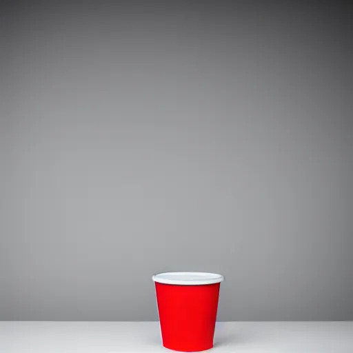 Prompt: an ultra high definition professional studio photograph, 5 0 mm f 1. 4 iso 1 0 0. the photo is set in a plain empty white studio room with a plain white plinth centrally located. the photo depicts a red cup on the plinth in the centre of the image. three point light.