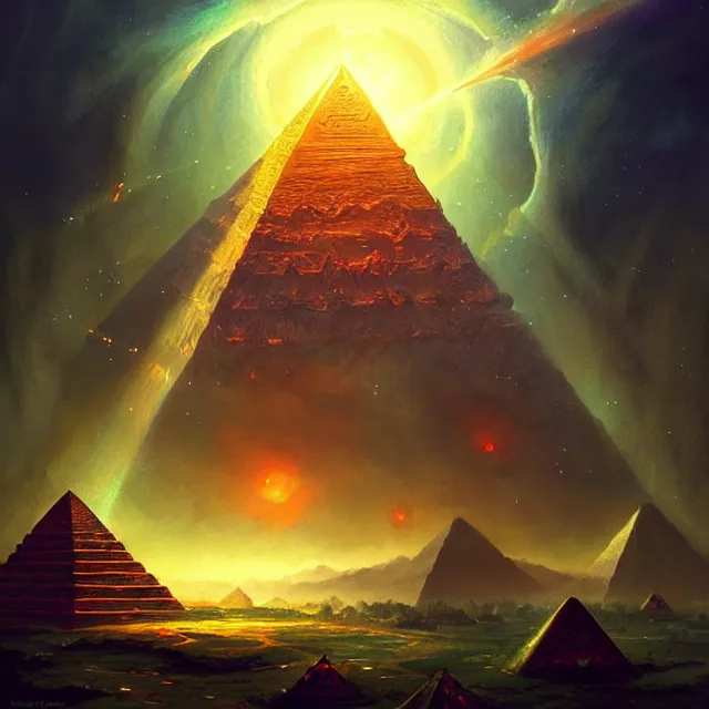 Image similar to the illuminati eye opening up from an orb above a pyramid, a fantasy magical landscape seen in the distance, atmospheric lighting, intricate, volumetric lighting, beautiful, sharp focus, ultra detailed, in the art style of marc simonetti, bowater charlie and brom gerald, astrophotography