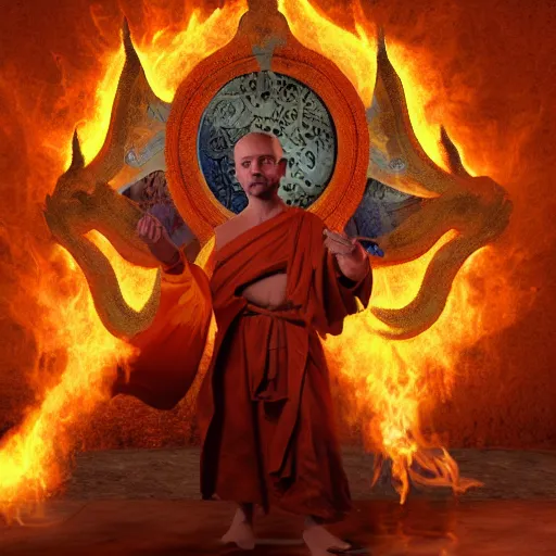 Image similar to ram horned monk brings fire down from the sky, medieval style, highly detailed, digital painting, volumetric light, 8k