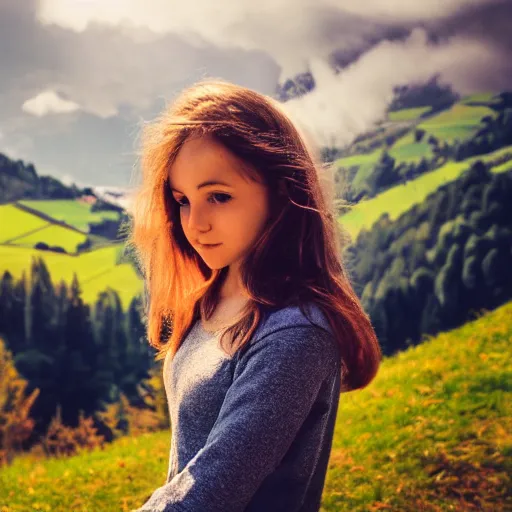 Image similar to a beautiful photograph of a girl with switzerland landscape in the background with trees, hdr, 8 k, high quality, sharp focus, artstation, highly detailed, award - winning, dramatic lighting, beautiful clouds, and nature