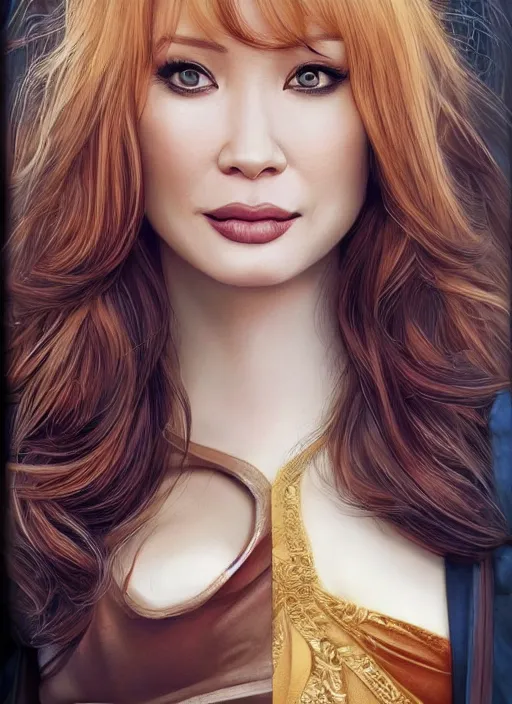 Image similar to photo of a gorgeous christina hendricks / lucy liu hybrid in the style of stefan kostic, realistic, professionally, professionally color graded, half body shot, sharp focus, k high definition, insanely detailed, intricate, elegant, art by stanley lau and artgerm