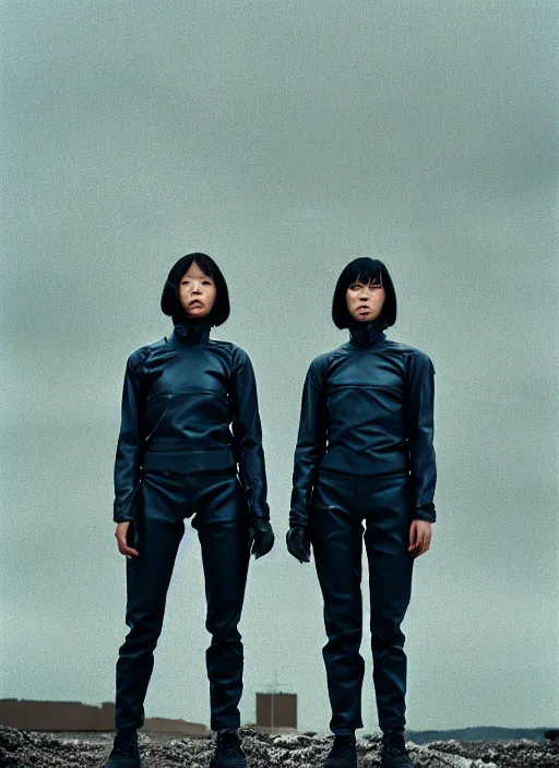 Prompt: cinestill 5 0 d photographic portrait of two clones standing in front of a brutalist metal building, techwear women on a desolate plain, closeup, depth of field, 4 k, 8 k, hd, full color