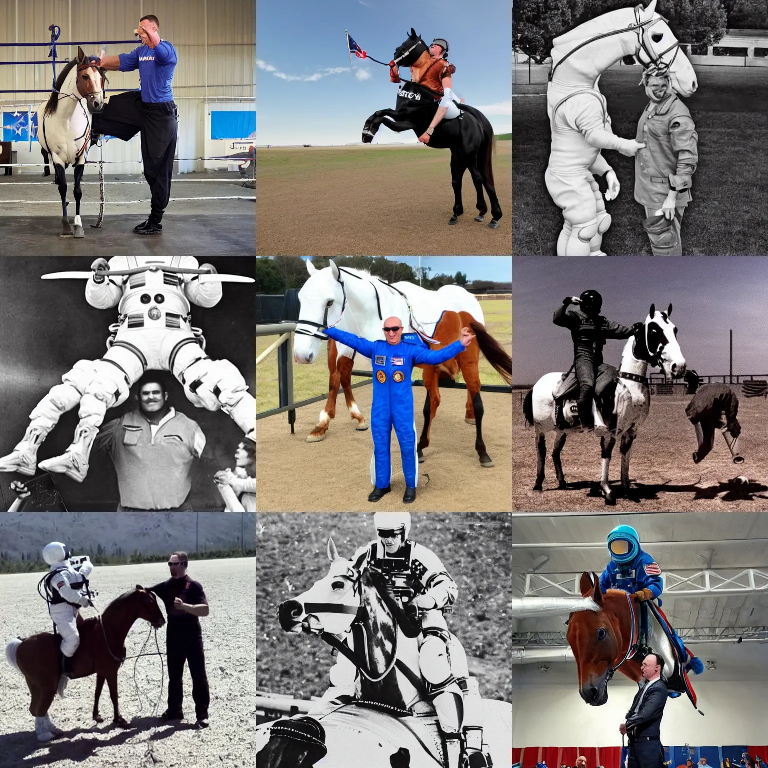 Prompt: strongman astronaut lifts horse