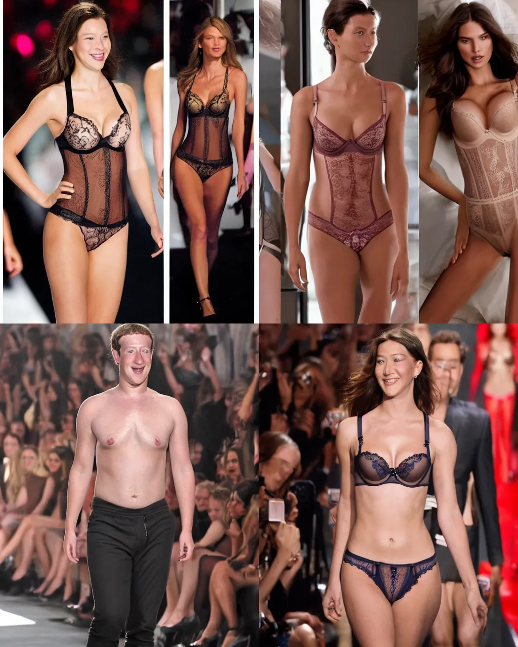 Prompt: mark zuckerberg wearing detailed lingerie as a victoria's secret model