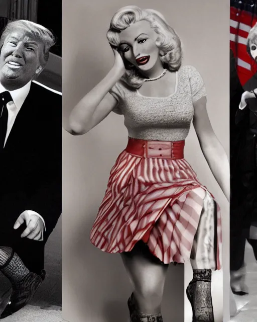 Image similar to donald trump skirt flying up, by sam shaw, realistic, detailed. marylin monroe, updraft, pop icon