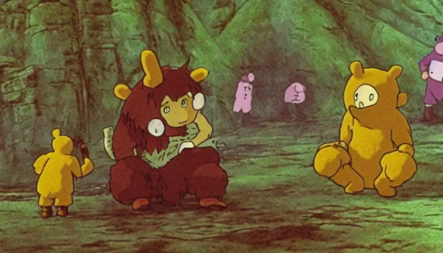 Prompt: a still from Princess Mononoke depicting the war of the teletubbies