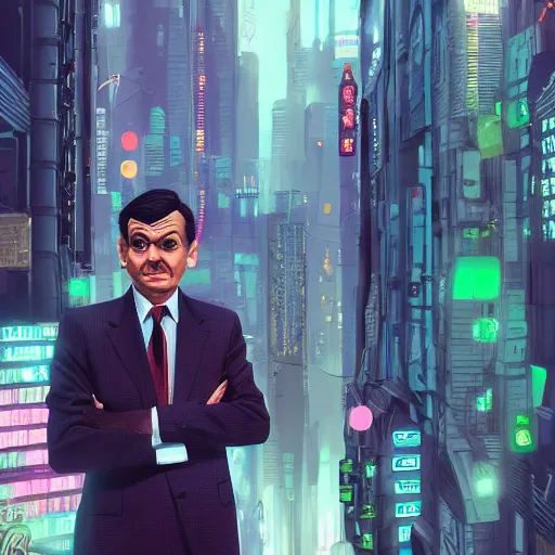 Image similar to mr bean, head and shoulder shot, cyberpunk city, city background, 4k, beautiful face, trending on artstation, digital art