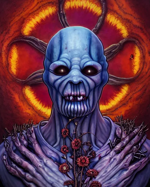 Image similar to the platonic ideal of flowers, rotting, insects and praying of cletus kasady carnage thanos davinci dementor chtulu mandala ponyo doctor manhattan the witcher, fantasy, ego death, decay, dmt, psilocybin, concept art by randy vargas and greg rutkowski and zdzisław beksinski