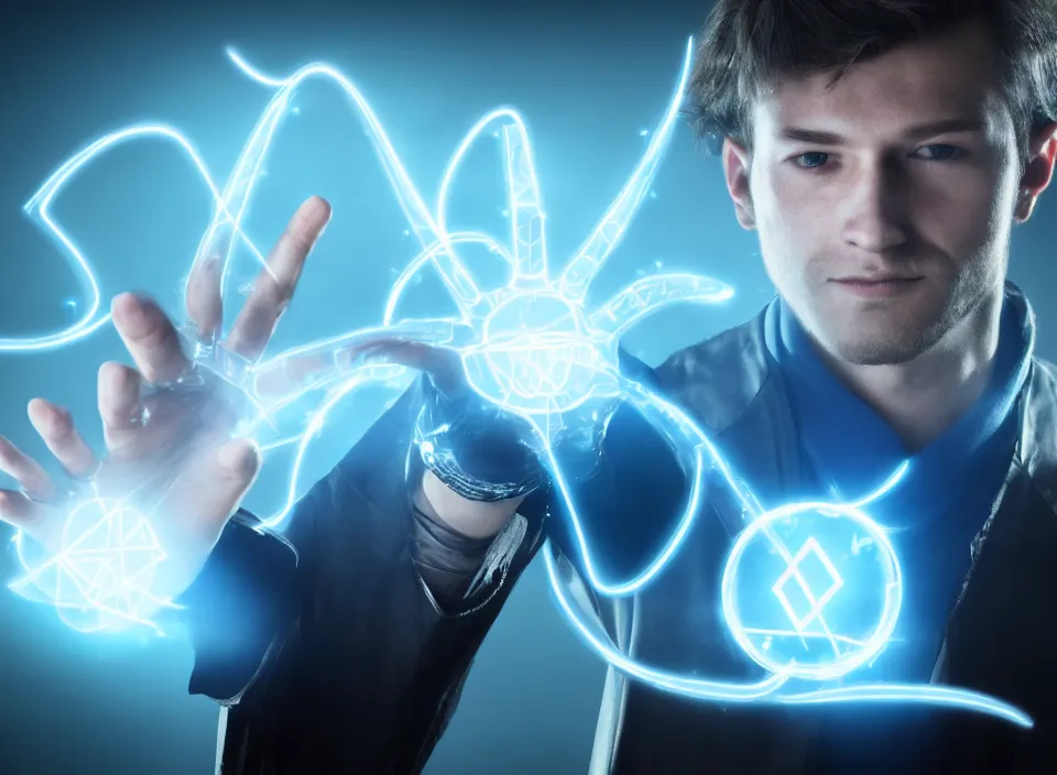 Prompt: Portrait of the handsome futuristic cyberpunk wizard hero levitating majestically with glowing magic rune aura in his hands. Photorealistic, ultra high resolution, intricate details