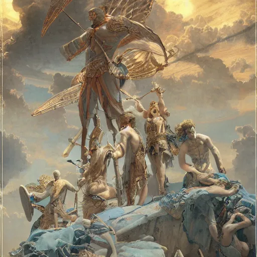 Image similar to disasterpiece Peloponnese war Gods watching above, by Edgar Maxence and Ross Tran and Michael Whelan, intricate line drawings, by Edgar Maxence and Ross Tran and Michael Whelan, 4k resolution