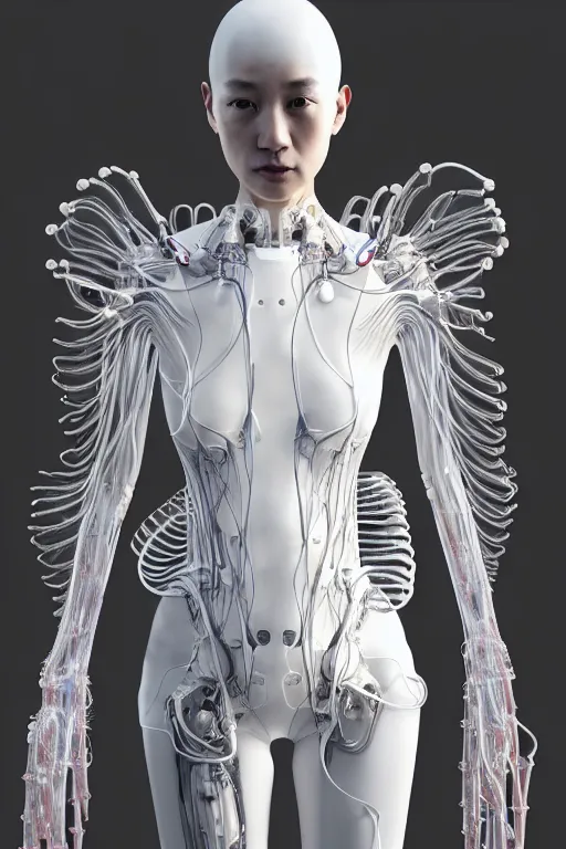 Prompt: young asian woman, iris van herpen, perfect symmetrical body, full body shot, inflateble shapes, wires, tubes, veins, jellyfish, white biomechanical details, wearing epic bionic cyborg implants, masterpiece, intricate, biopunk, vogue, highly detailed, artstation, concept art, cyberpunk, octane render