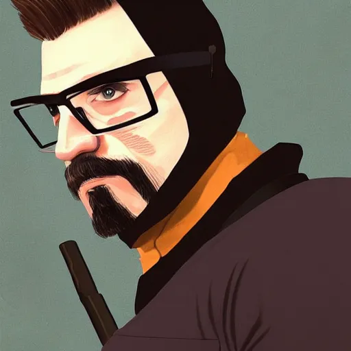 Prompt: A beautiful illustration and portrait of gordon freeman in his hev suit holding a crowbar, trending on artstation