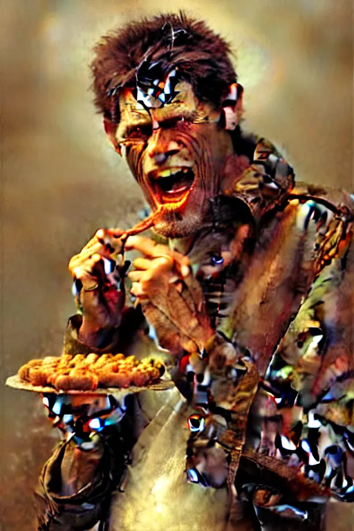 Prompt: willem dafoe screaming and crying while eating baked beans portrait dnd, painting by gaston bussiere, craig mullins, greg rutkowski, yoji shinkawa