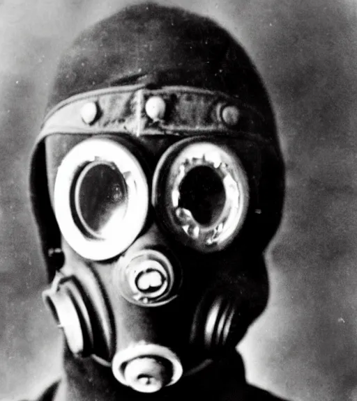 Prompt: a man at distance wearing pointy beak-like gas mask, ww1 film photo, grainy, high detail, high resolution