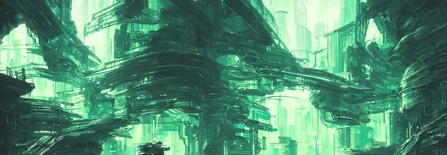 Image similar to reflective waves, cyberpunk texture, green coloring, by studio ghibli and greg rutkowski