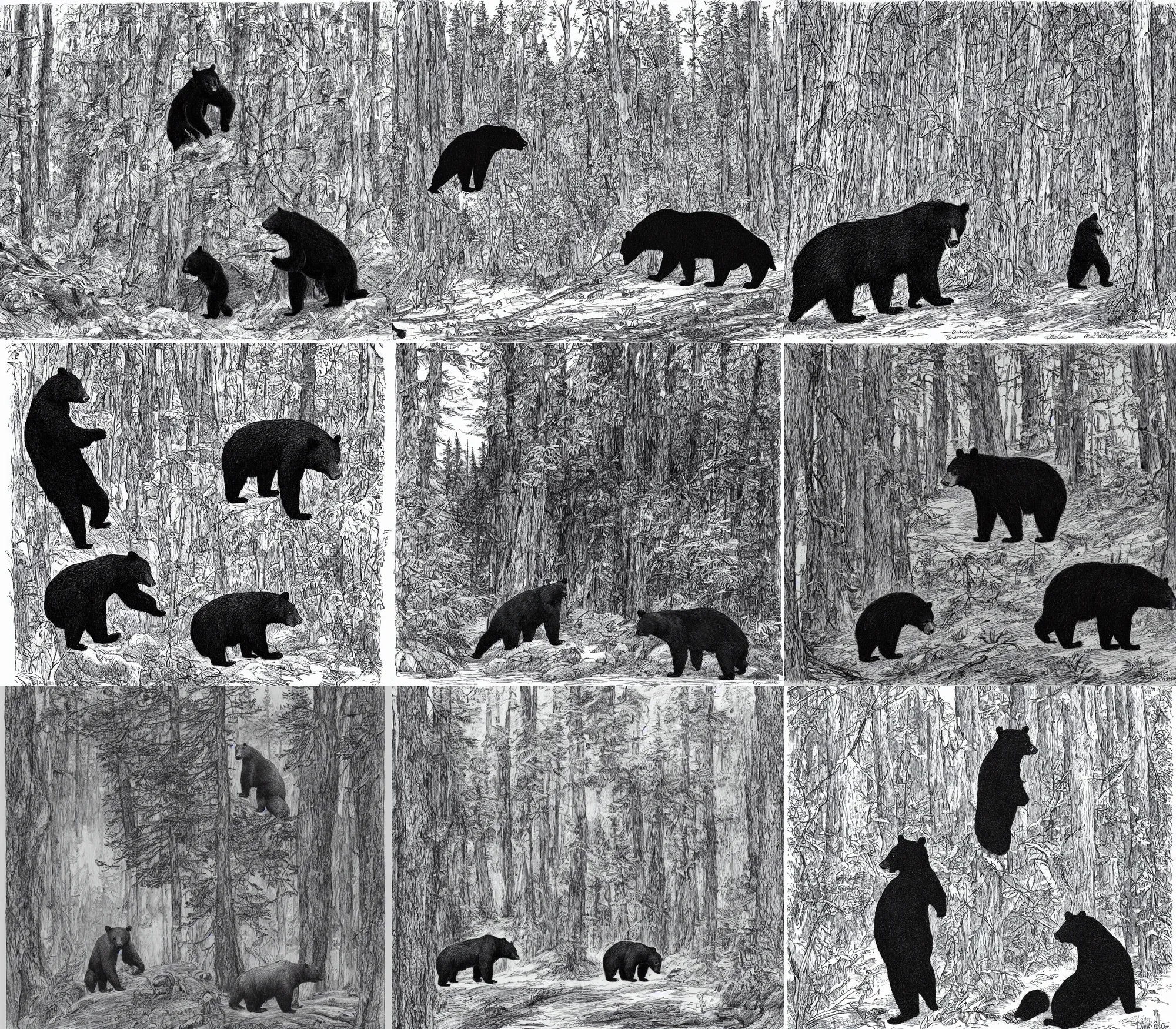 Prompt: one individual black bear in the forest, by Currier and Ives, cartoon, black and white, line art, pen & ink drawing, character concept
