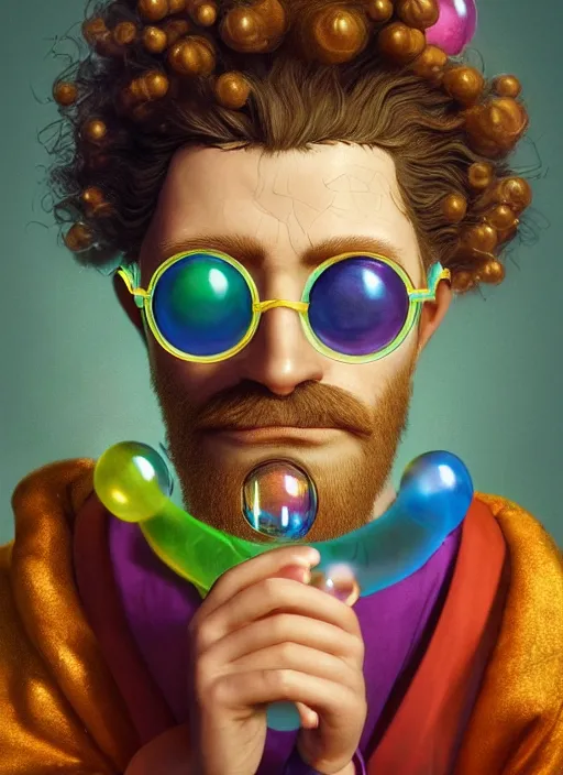 Prompt: an anthropomorphic beautiful male wizard portrait blowing bubbles wearing colourful robe, round glasses, curly hair, fine art, award winning, intricate, elegant, sharp focus, octane render, hyperrealistic, cinematic lighting, highly detailed, digital painting, 8 k concept art, art by jamie hewlett and z. w. gu, masterpiece, trending on artstation, 8 k