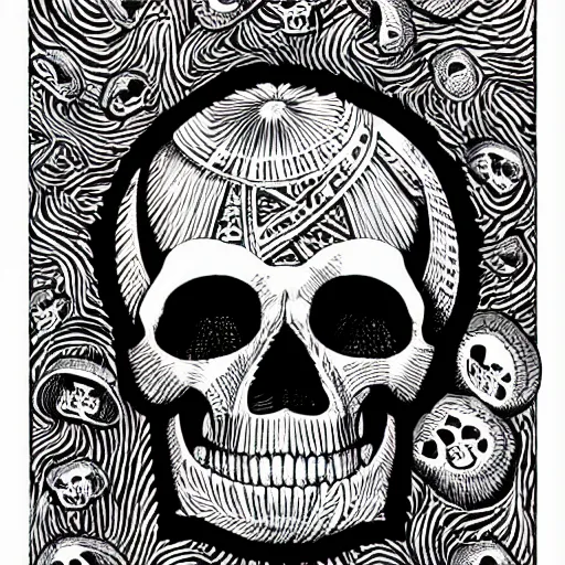 Image similar to skull and mushrooms, bold stylized block print, 4k, black ink on white paper