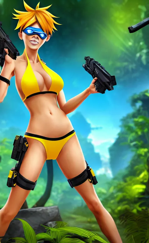 prompthunt: tracer game character, in yellow bikini, blonde hair
