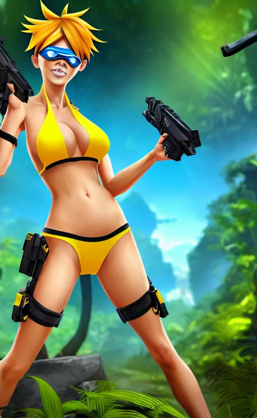 prompthunt: tracer game character, in yellow bikini thong yellow