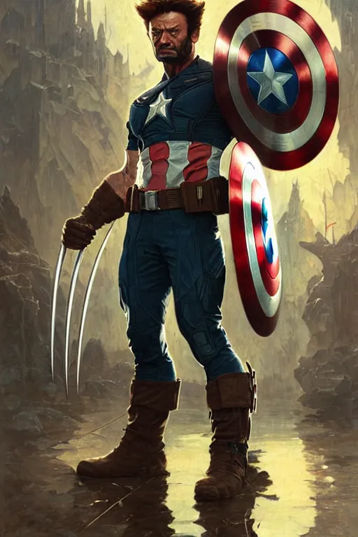 Image similar to wolverine as captain america, intricate, futuristic, fantasy, elegant, by Stanley Artgerm Lau, greg rutkowski, thomas kindkade, alphonse mucha, loish, norman Rockwell,