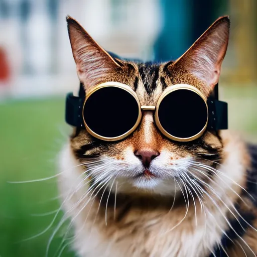 Prompt: a man - cat wearing a golden crown and black goggles