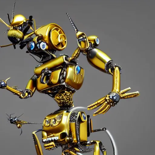 Image similar to mechanic wasp robot made of iron, gold and diamonds. hyper detailed