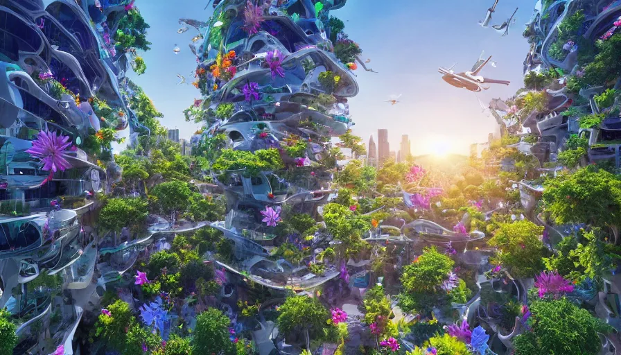 Sunrise over solarpunk city, vines, many trees and | Stable Diffusion