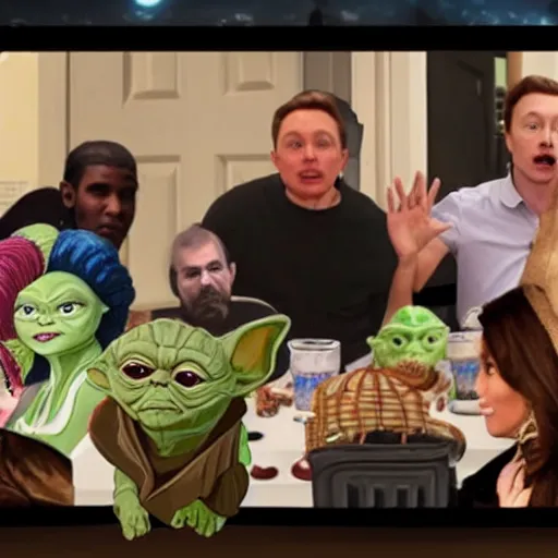 Prompt: peoples around a table, obama, yoda, elon musk, mia khalifa, skyrim