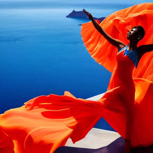 Prompt: beautiful contemporary dancer wearing a red, yellow, blue swirling dress, standing on a Santorini terrace looking down into the ocean, trending on artstation, cinematic, photorealistic
