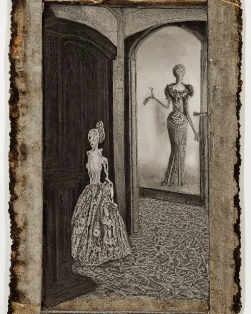 Image similar to a woman standing in a doorway, made of intricate decorative lace leaf skeleton, in the style of the dutch masters and gregory crewdson, dark and moody